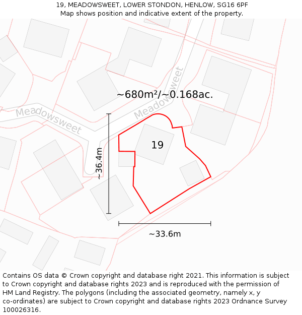 19, MEADOWSWEET, LOWER STONDON, HENLOW, SG16 6PF: Plot and title map