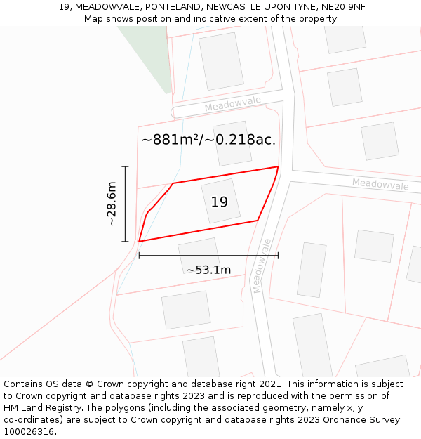 19, MEADOWVALE, PONTELAND, NEWCASTLE UPON TYNE, NE20 9NF: Plot and title map