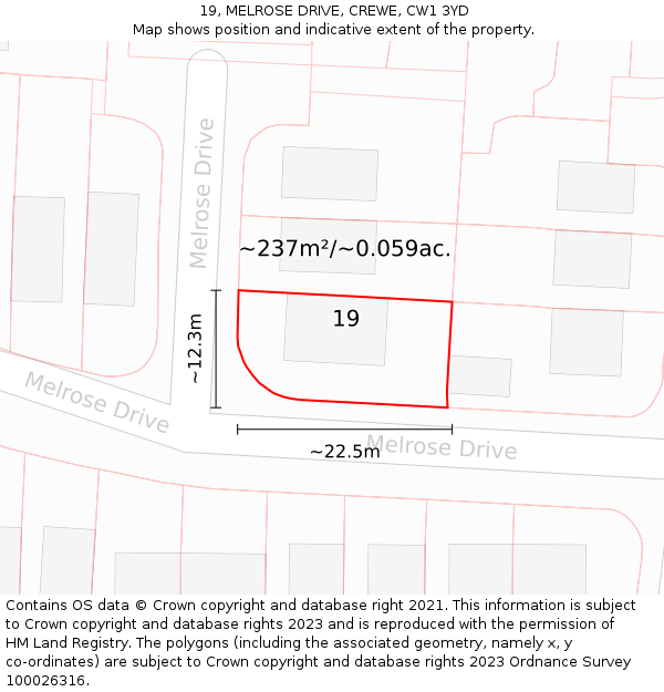 19, MELROSE DRIVE, CREWE, CW1 3YD: Plot and title map