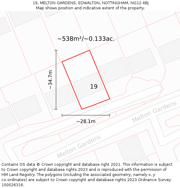 19, MELTON GARDENS, EDWALTON, NOTTINGHAM, NG12 4BJ: Plot and title map