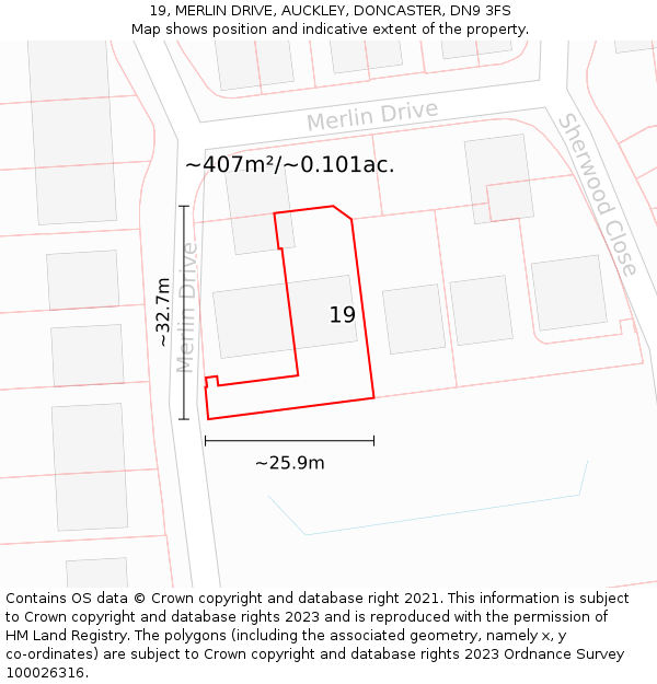 19, MERLIN DRIVE, AUCKLEY, DONCASTER, DN9 3FS: Plot and title map