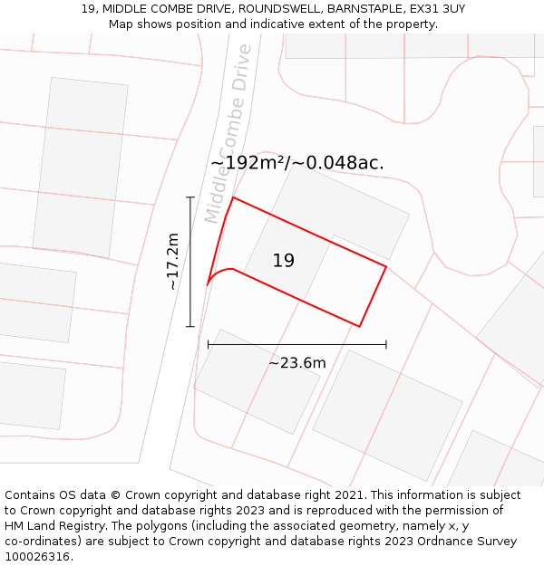 19, MIDDLE COMBE DRIVE, ROUNDSWELL, BARNSTAPLE, EX31 3UY: Plot and title map