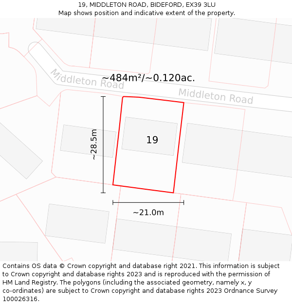 19, MIDDLETON ROAD, BIDEFORD, EX39 3LU: Plot and title map