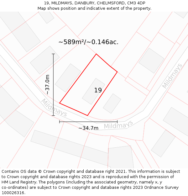 19, MILDMAYS, DANBURY, CHELMSFORD, CM3 4DP: Plot and title map