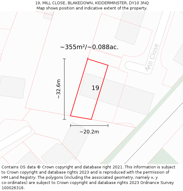 19, MILL CLOSE, BLAKEDOWN, KIDDERMINSTER, DY10 3NQ: Plot and title map