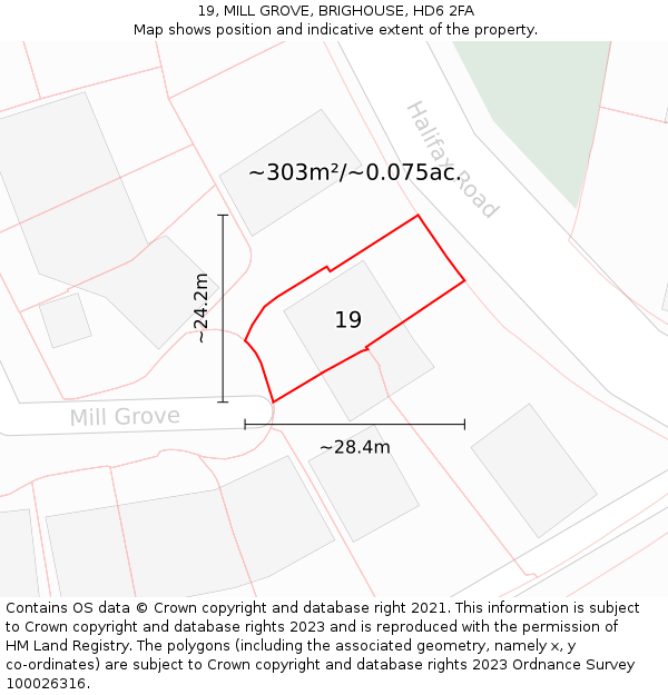 19, MILL GROVE, BRIGHOUSE, HD6 2FA: Plot and title map