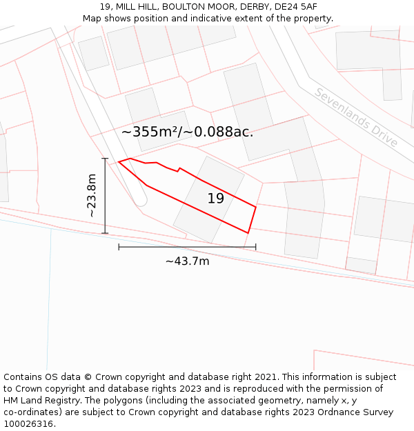 19, MILL HILL, BOULTON MOOR, DERBY, DE24 5AF: Plot and title map