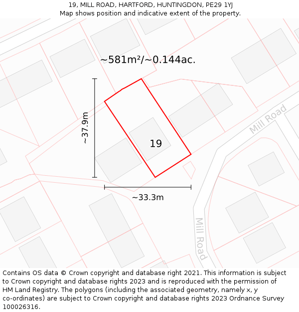 19, MILL ROAD, HARTFORD, HUNTINGDON, PE29 1YJ: Plot and title map