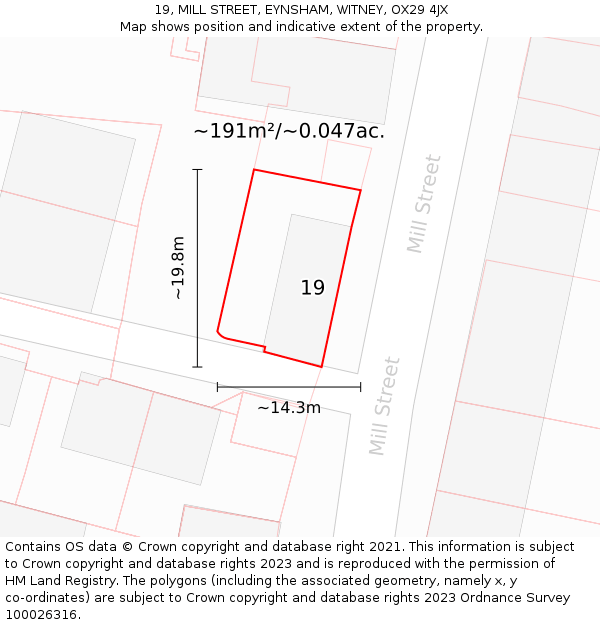 19, MILL STREET, EYNSHAM, WITNEY, OX29 4JX: Plot and title map