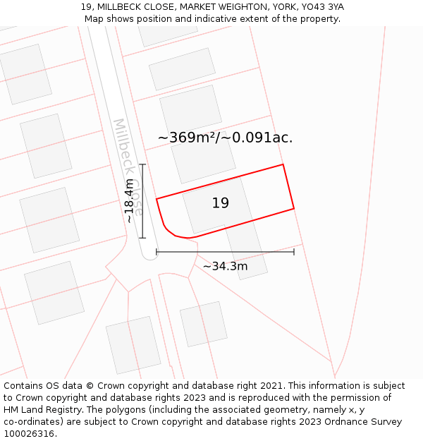 19, MILLBECK CLOSE, MARKET WEIGHTON, YORK, YO43 3YA: Plot and title map