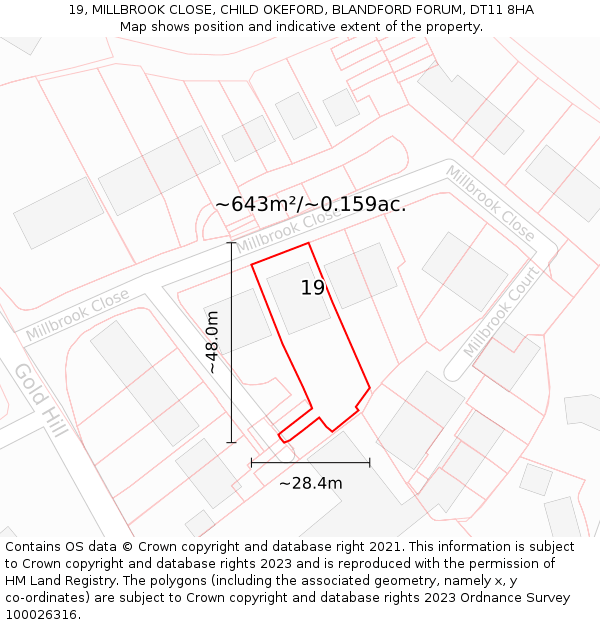 19, MILLBROOK CLOSE, CHILD OKEFORD, BLANDFORD FORUM, DT11 8HA: Plot and title map
