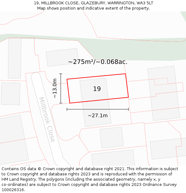 19, MILLBROOK CLOSE, GLAZEBURY, WARRINGTON, WA3 5LT: Plot and title map