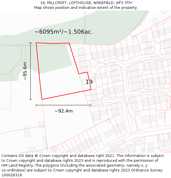 19, MILLCROFT, LOFTHOUSE, WAKEFIELD, WF3 3TH: Plot and title map