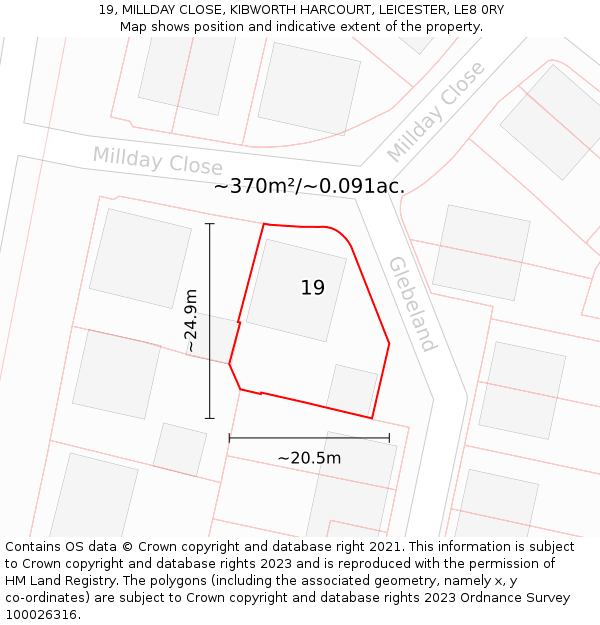 19, MILLDAY CLOSE, KIBWORTH HARCOURT, LEICESTER, LE8 0RY: Plot and title map