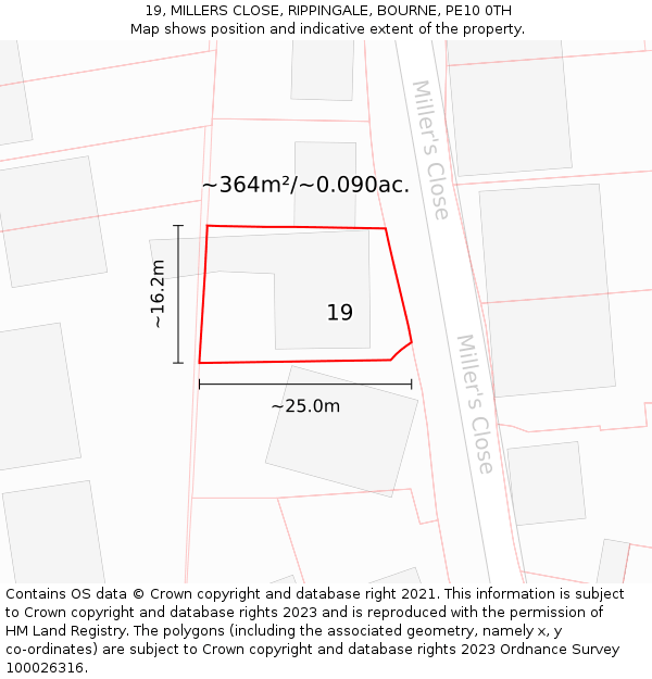 19, MILLERS CLOSE, RIPPINGALE, BOURNE, PE10 0TH: Plot and title map