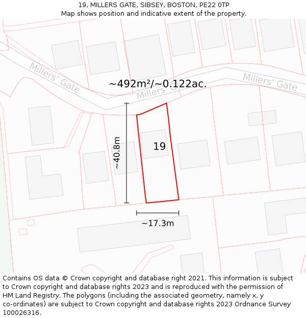 19, MILLERS GATE, SIBSEY, BOSTON, PE22 0TP: Plot and title map