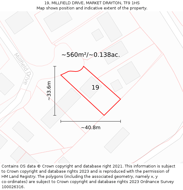 19, MILLFIELD DRIVE, MARKET DRAYTON, TF9 1HS: Plot and title map