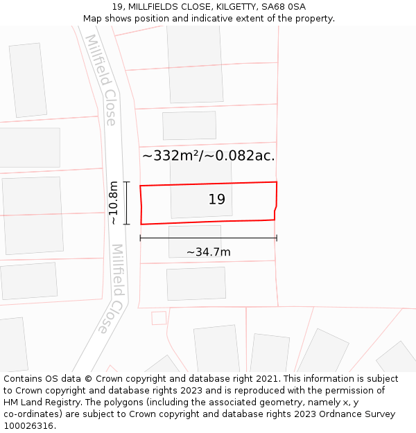 19, MILLFIELDS CLOSE, KILGETTY, SA68 0SA: Plot and title map