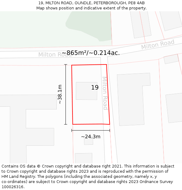 19, MILTON ROAD, OUNDLE, PETERBOROUGH, PE8 4AB: Plot and title map