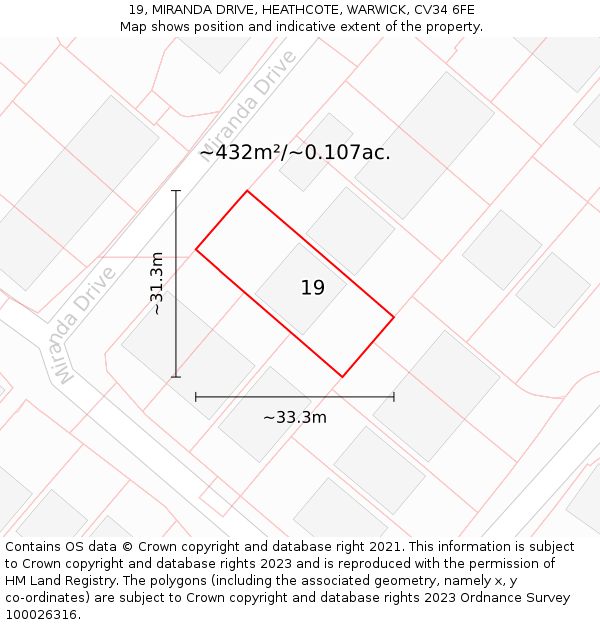 19, MIRANDA DRIVE, HEATHCOTE, WARWICK, CV34 6FE: Plot and title map