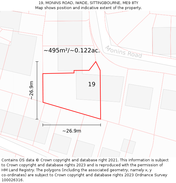 19, MONINS ROAD, IWADE, SITTINGBOURNE, ME9 8TY: Plot and title map