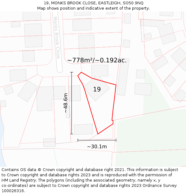 19, MONKS BROOK CLOSE, EASTLEIGH, SO50 9NQ: Plot and title map