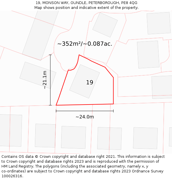 19, MONSON WAY, OUNDLE, PETERBOROUGH, PE8 4QG: Plot and title map