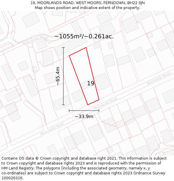 19, MOORLANDS ROAD, WEST MOORS, FERNDOWN, BH22 0JN: Plot and title map