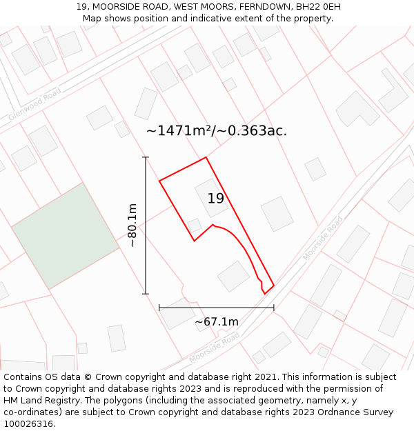 19, MOORSIDE ROAD, WEST MOORS, FERNDOWN, BH22 0EH: Plot and title map