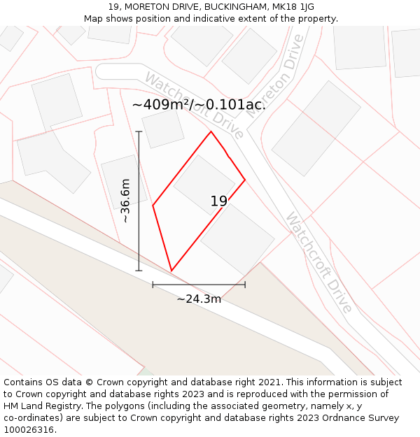 19, MORETON DRIVE, BUCKINGHAM, MK18 1JG: Plot and title map