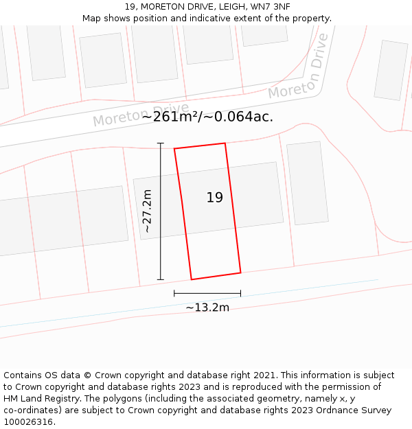 19, MORETON DRIVE, LEIGH, WN7 3NF: Plot and title map