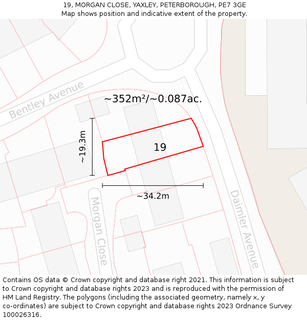19, MORGAN CLOSE, YAXLEY, PETERBOROUGH, PE7 3GE: Plot and title map