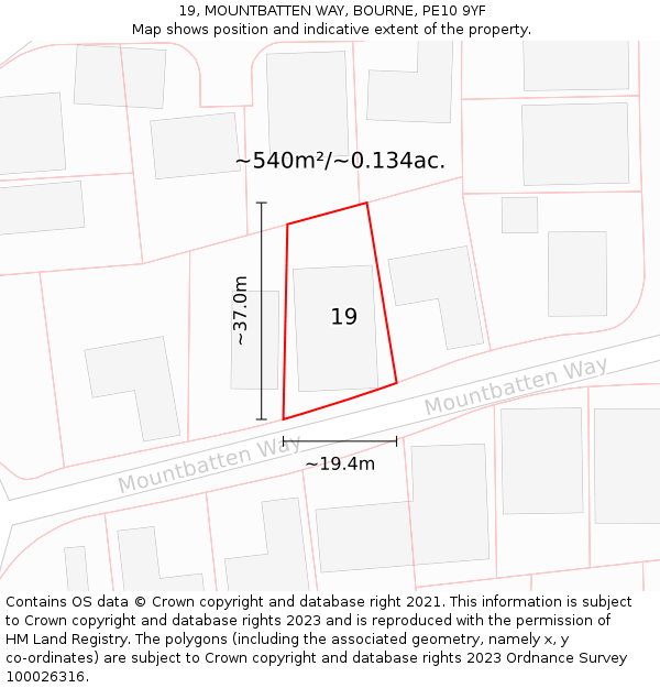 19, MOUNTBATTEN WAY, BOURNE, PE10 9YF: Plot and title map