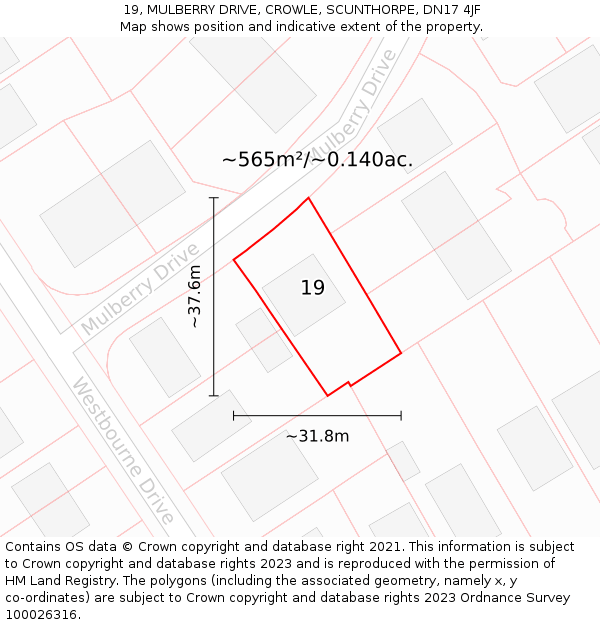 19, MULBERRY DRIVE, CROWLE, SCUNTHORPE, DN17 4JF: Plot and title map