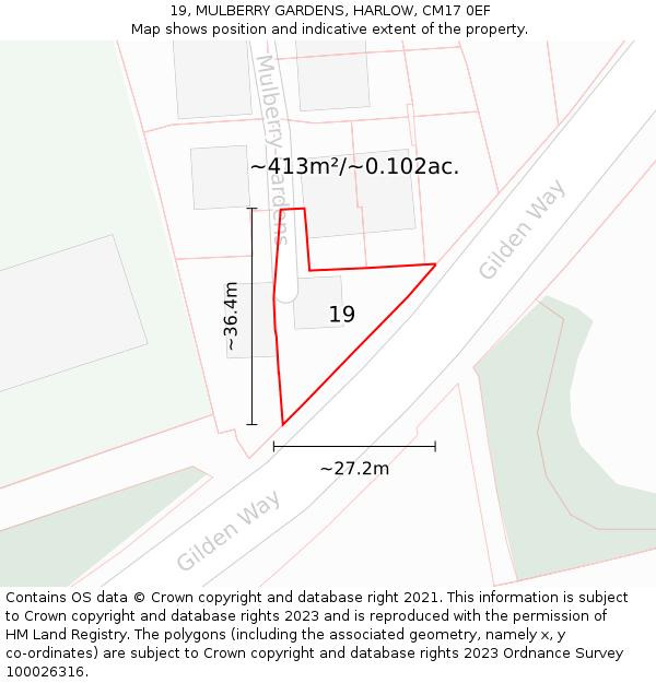 19, MULBERRY GARDENS, HARLOW, CM17 0EF: Plot and title map