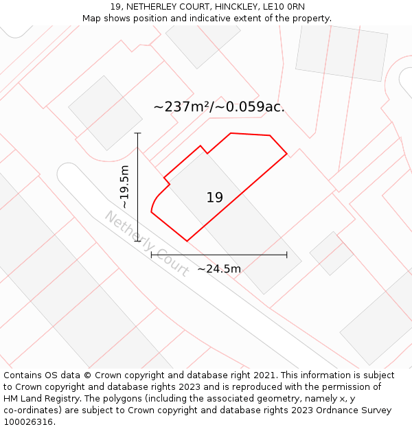 19, NETHERLEY COURT, HINCKLEY, LE10 0RN: Plot and title map