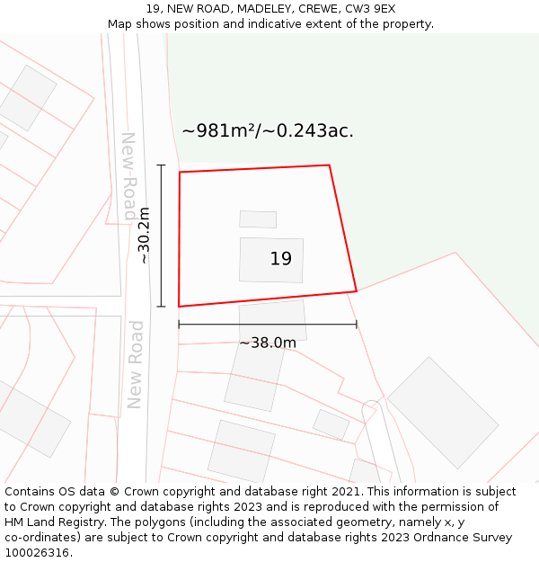 19, NEW ROAD, MADELEY, CREWE, CW3 9EX: Plot and title map