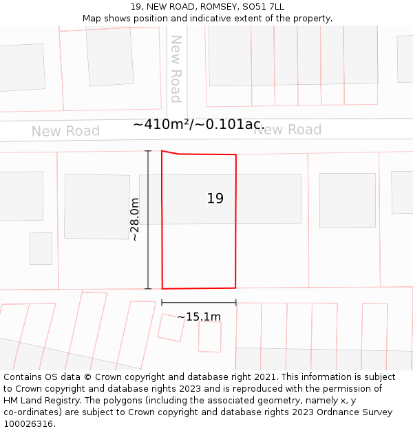 19, NEW ROAD, ROMSEY, SO51 7LL: Plot and title map