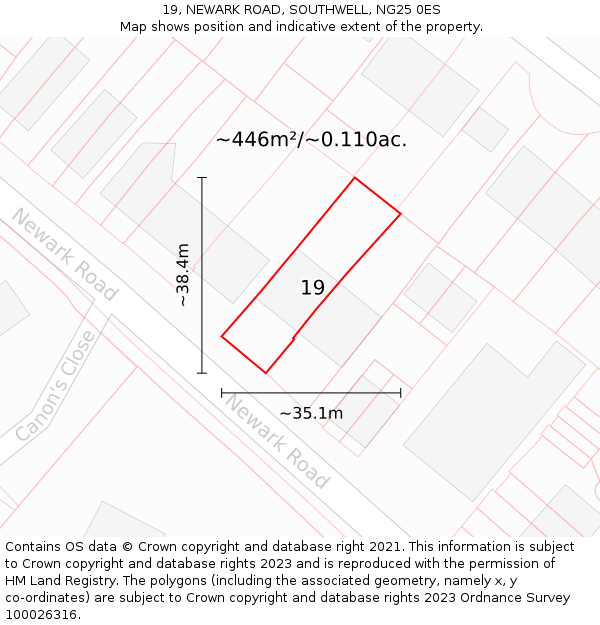 19, NEWARK ROAD, SOUTHWELL, NG25 0ES: Plot and title map