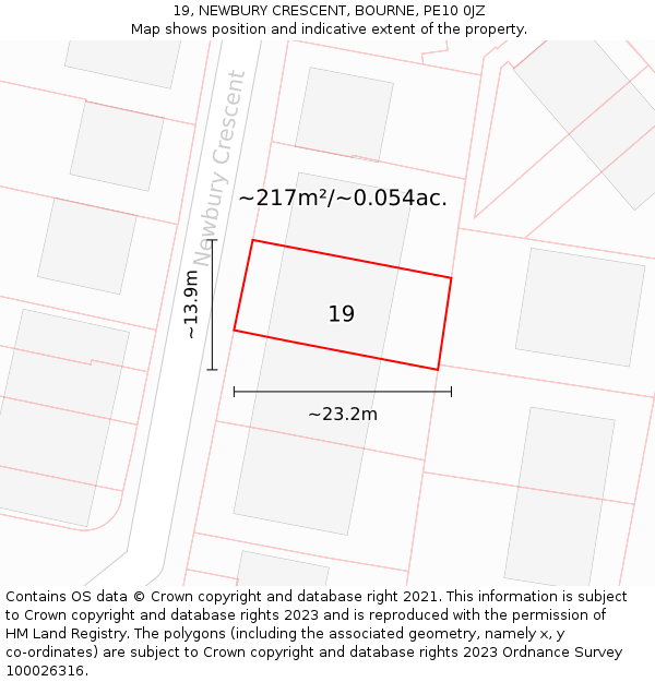 19, NEWBURY CRESCENT, BOURNE, PE10 0JZ: Plot and title map