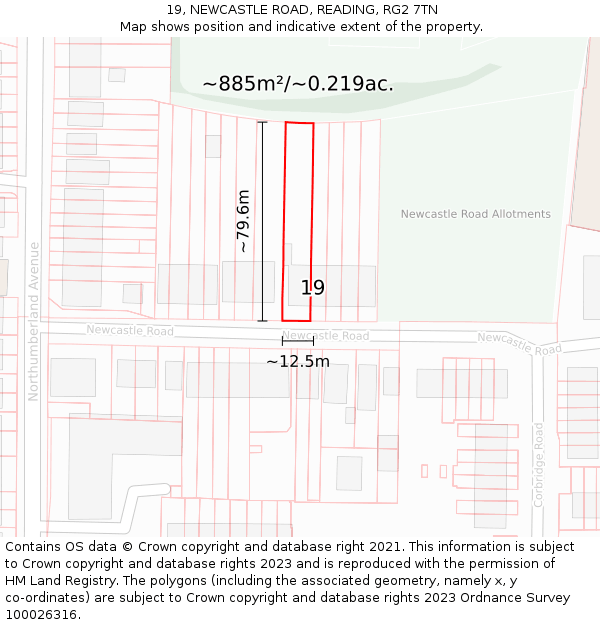 19, NEWCASTLE ROAD, READING, RG2 7TN: Plot and title map