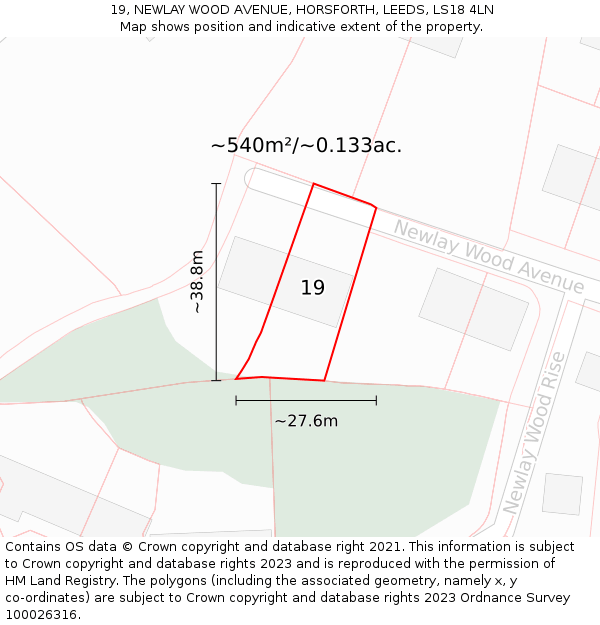 19, NEWLAY WOOD AVENUE, HORSFORTH, LEEDS, LS18 4LN: Plot and title map