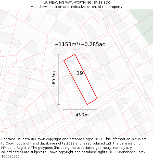 19, NEWLING WAY, WORTHING, BN13 3DG: Plot and title map