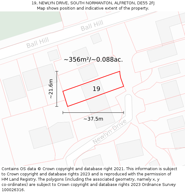 19, NEWLYN DRIVE, SOUTH NORMANTON, ALFRETON, DE55 2FJ: Plot and title map