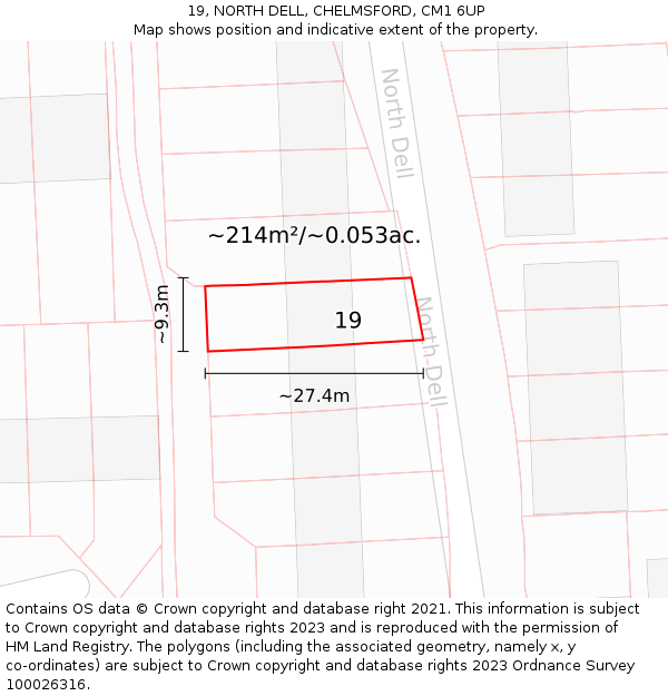 19, NORTH DELL, CHELMSFORD, CM1 6UP: Plot and title map