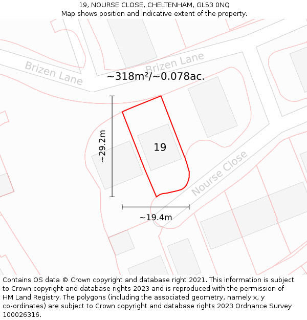 19, NOURSE CLOSE, CHELTENHAM, GL53 0NQ: Plot and title map