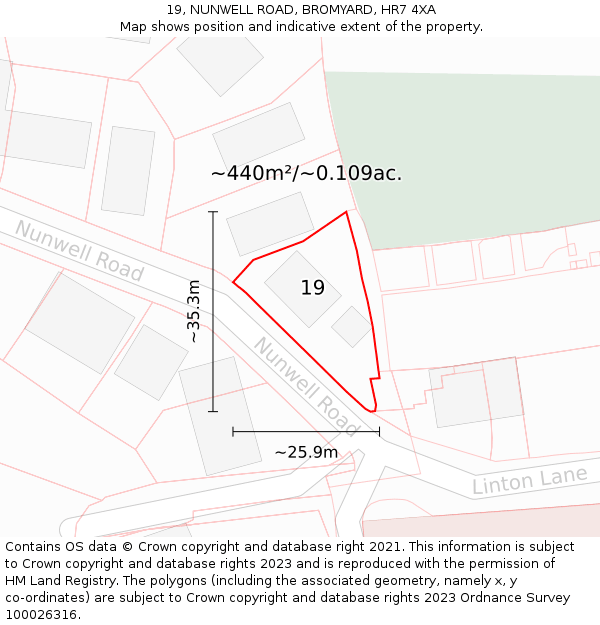 19, NUNWELL ROAD, BROMYARD, HR7 4XA: Plot and title map