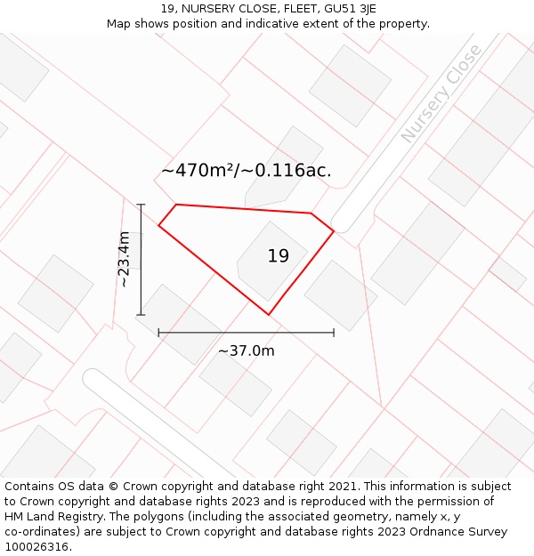 19, NURSERY CLOSE, FLEET, GU51 3JE: Plot and title map