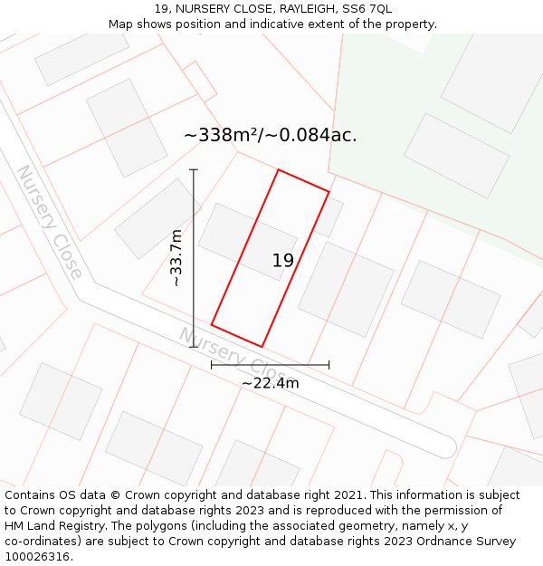 19, NURSERY CLOSE, RAYLEIGH, SS6 7QL: Plot and title map