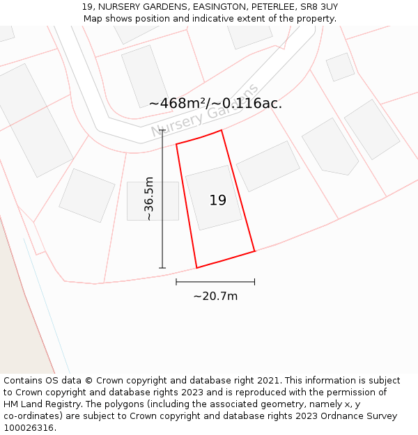 19, NURSERY GARDENS, EASINGTON, PETERLEE, SR8 3UY: Plot and title map